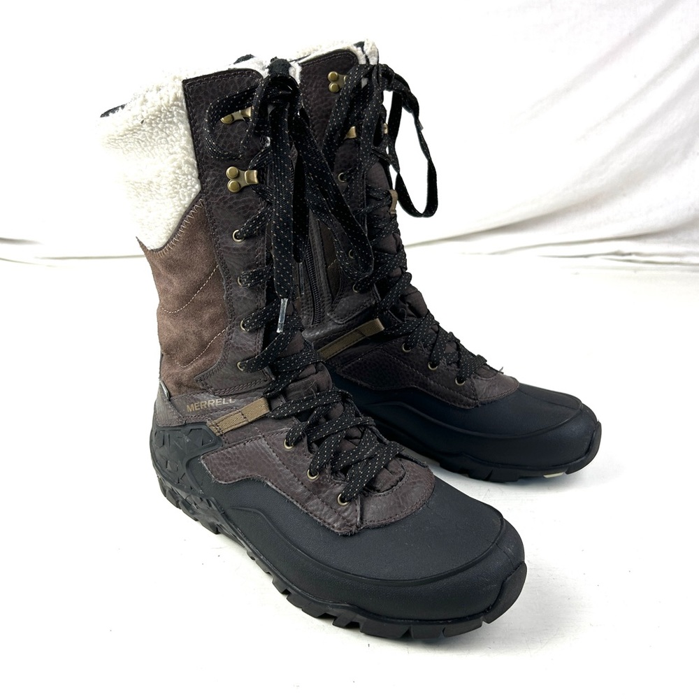 Merrell Womens Size 8.5 Snow Boots Brown/Black Fleece Trim J37326 Vibram Sole